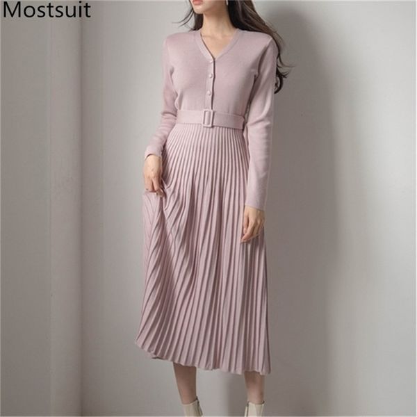 korean elegant knitted v-neck belted long dress women full sleeve pleated sweater dresses winter ladies fashion vestidos 210513, Black;gray 
korean elegant knitted v-neck belted long dress women full sleeve pleated sweater dresses winter ladies fashion vestidos 210513, Black;gray