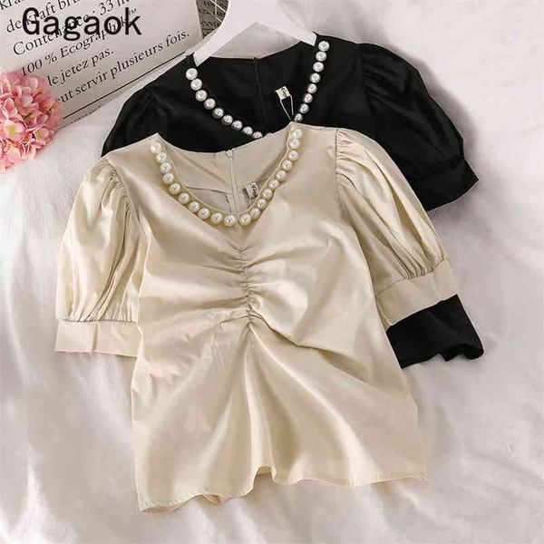 women sweet shirt summer arrival solid o-neck puff sleeve beading short chic simple wild and blouses 210531, White
women sweet shirt summer arrival solid o-neck puff sleeve beading short chic simple wild and blouses 210531, White