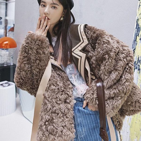 women's fur & faux herstory leather winter plush coat women college navy collar retro loose warm outwear fluffy lambswool jacket female, Black
women's fur & faux herstory leather winter plush coat women college navy collar retro loose warm outwear fluffy lambswool jacket female, Black