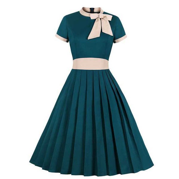 stand pleated collar bow large short sleeve drs women's swing skirt, Black;gray 
stand pleated collar bow large short sleeve drs women's swing skirt, Black;gray