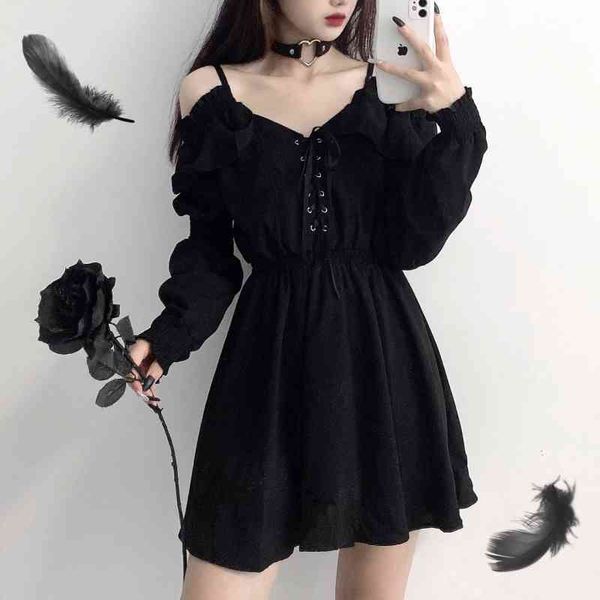 women dress gothic lace up black autumn slim high waist femme dresses off shoulder hepburn style long sleeve clothes, Black;gray
women dress gothic lace up black autumn slim high waist femme dresses off shoulder hepburn style long sleeve clothes, Black;gray
