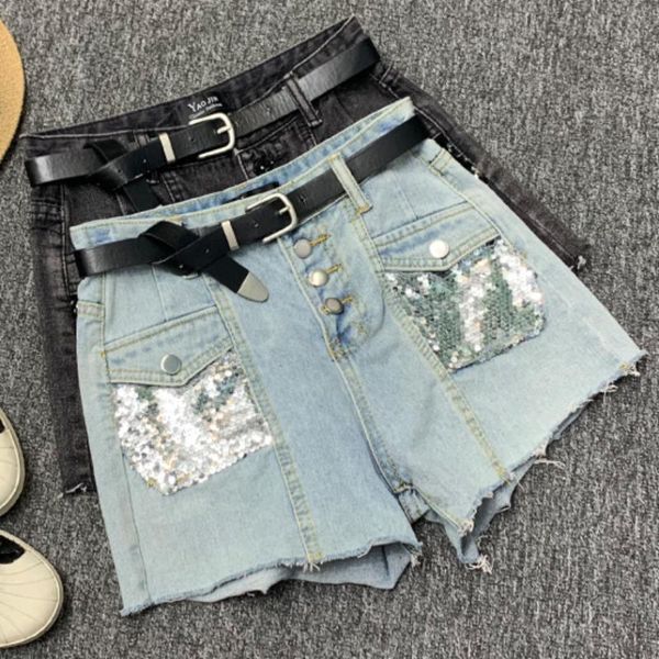 women's shorts 2021 summer fashion sequined denim women high waist single breasted wide leg jeans, White;black
women's shorts 2021 summer fashion sequined denim women high waist single breasted wide leg jeans, White;black