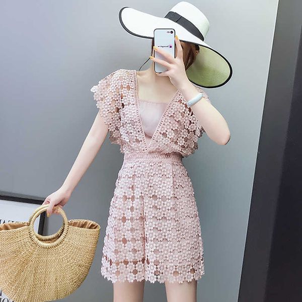 office lady lace gold pink jumpsuit romper women deep v neck hollow out overalls summer long flare sleeve black playsuit 210601, Black;white 
office lady lace gold pink jumpsuit romper women deep v neck hollow out overalls summer long flare sleeve black playsuit 210601, Black;white