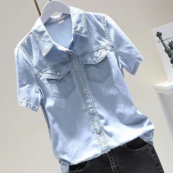 women's blouses & shirts summer women short sleeve cotton denim single breasted blouse turn-down collar single breasted pockets, White
women's blouses & shirts summer women short sleeve cotton denim single breasted blouse turn-down collar single breasted pockets, White