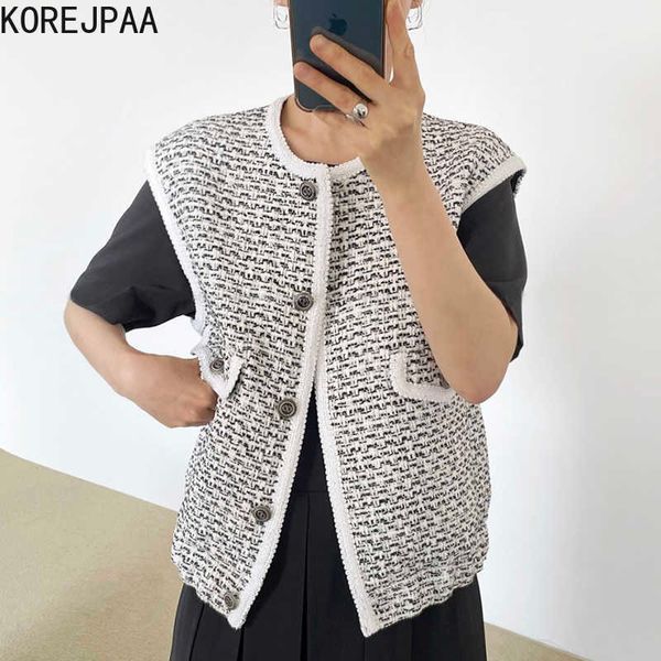 korejpaa women vests summer korean chic ladies retro round neckbanded pocket single-breasted sleeveless tweed vest jacket 210526, Black;white
korejpaa women vests summer korean chic ladies retro round neckbanded pocket single-breasted sleeveless tweed vest jacket 210526, Black;white