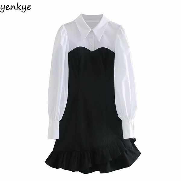 fall women black white patchwork ruffle dress long sleeve lapel collar elegant lady autumn party a-line mini vestido casual dresses, Black;gray
fall women black white patchwork ruffle dress long sleeve lapel collar elegant lady autumn party a-line mini vestido casual dresses, Black;gray