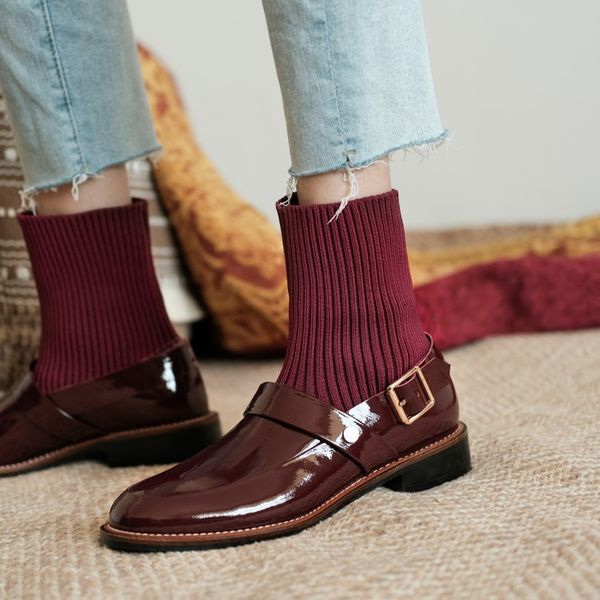 sock half boots women fall 2021 season casual and versatile with cow patent leather round head 1, Black
sock half boots women fall 2021 season casual and versatile with cow patent leather round head 1, Black