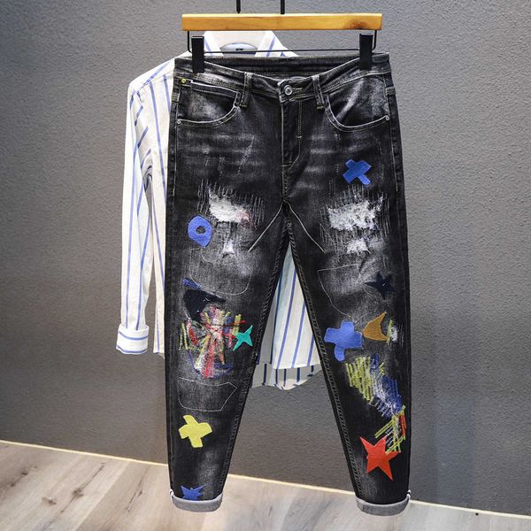 men's jeans korean style fashion men elastic cotton embroidery punk ripped streetwear patches designer hip hop slim pencil pants 7, Blue
men's jeans korean style fashion men elastic cotton embroidery punk ripped streetwear patches designer hip hop slim pencil pants 7, Blue