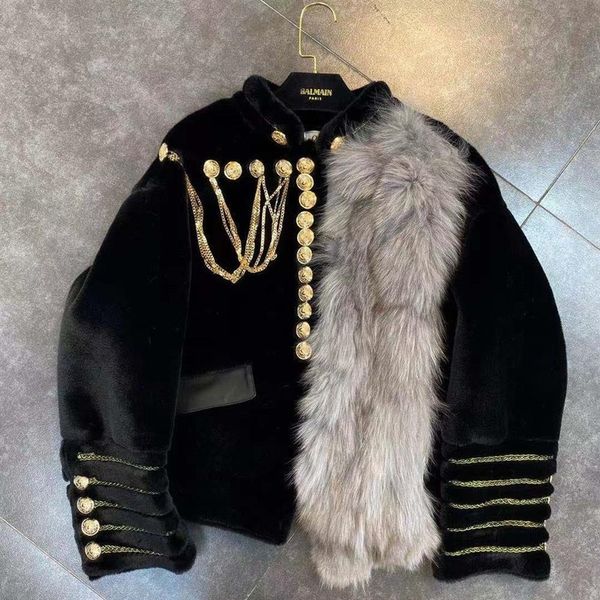 women's fur & faux fur designer jacket luxurious winter stand-up collar embroidered sideband gold buckle chain imitation fox fur decora, Black
women's fur & faux fur designer jacket luxurious winter stand-up collar embroidered sideband gold buckle chain imitation fox fur decora, Black