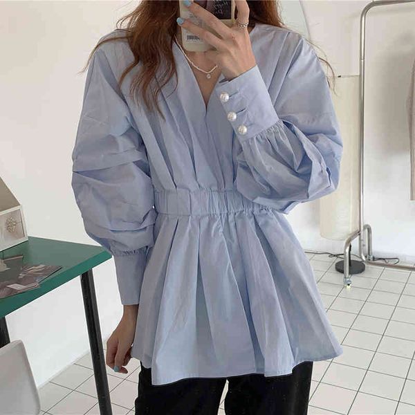 women blue casual pleated pearl button blouse v-neck long puff sleeve shirt fashion spring summer 2f0521 210510, White
women blue casual pleated pearl button blouse v-neck long puff sleeve shirt fashion spring summer 2f0521 210510, White