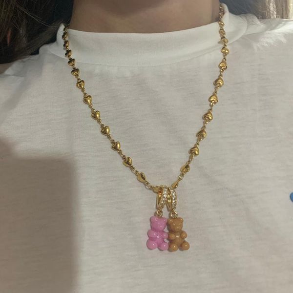 chains rainbow resin gummy bear zircon charm heart link chain necklace for women girls diy handmade beaded cz pearl jewelry, Silver 
chains rainbow resin gummy bear zircon charm heart link chain necklace for women girls diy handmade beaded cz pearl jewelry, Silver