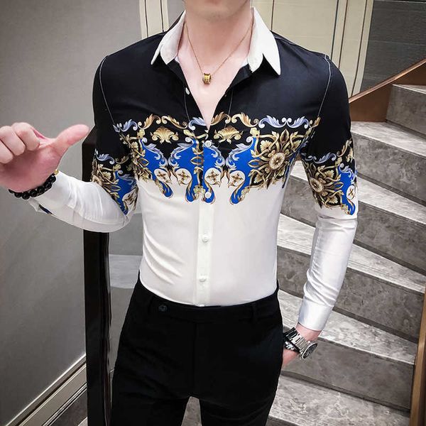 spring men's shirt british long sleeve slim fit dress shirts camisa masculina golden print streetwear social casual shirt 210527, White;black
spring men's shirt british long sleeve slim fit dress shirts camisa masculina golden print streetwear social casual shirt 210527, White;black