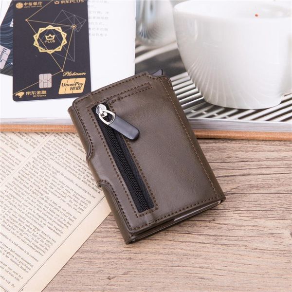 card holders bisi goro men vintage holder metal aluminum auto -up rfid id case carteira button coin purse, Brown;gray 
card holders bisi goro men vintage holder metal aluminum auto -up rfid id case carteira button coin purse, Brown;gray