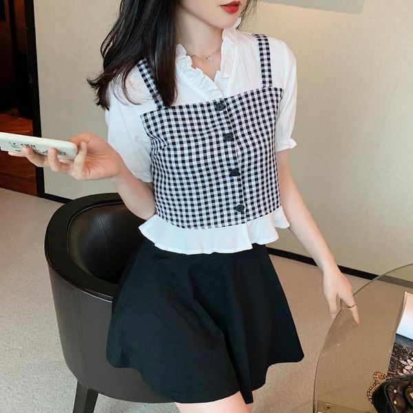 women's blouses & shirts 2021 summer plaid patchwork blouse women fake two ruffle fashion puff sleeve short shirt ladies, White
women's blouses & shirts 2021 summer plaid patchwork blouse women fake two ruffle fashion puff sleeve short shirt ladies, White