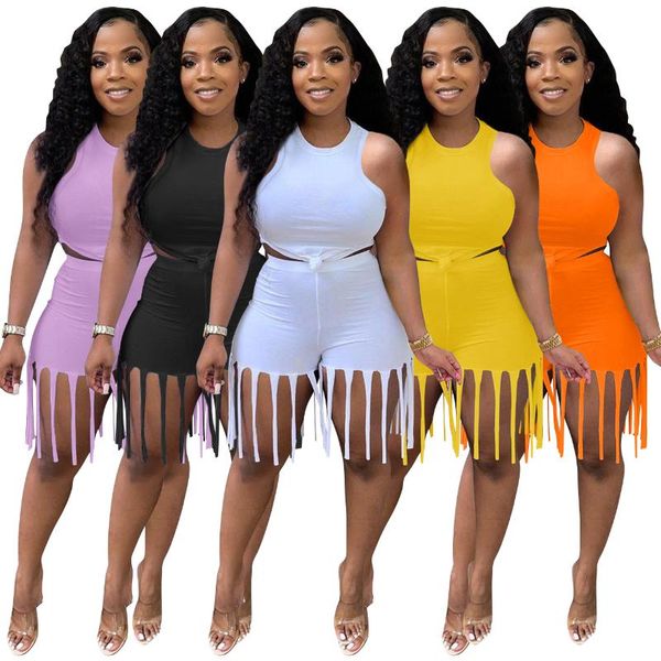 women's t-shirt women solid color clothes set, sleeveless o-neck knot cropped + high waist shorts with tassels, White
women's t-shirt women solid color clothes set, sleeveless o-neck knot cropped + high waist shorts with tassels, White