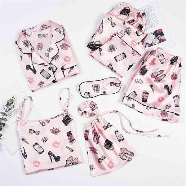 july's song new fashion 7 pieces pajamas sets faux silk stain cute pattern pyjama sling shorts long sleeve pants sleepwear 210330, Black;red
july's song new fashion 7 pieces pajamas sets faux silk stain cute pattern pyjama sling shorts long sleeve pants sleepwear 210330, Black;red