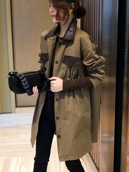 women's trench coats women khaki jacket vitnage pu leather patchwork midi length coat for office ladies plus sizedrawstring outerwear, Tan;black
women's trench coats women khaki jacket vitnage pu leather patchwork midi length coat for office ladies plus sizedrawstring outerwear, Tan;black