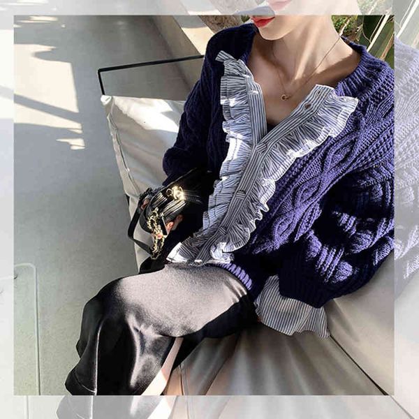 women's sweaters korean blue fashion knitted pullovers clothing early autumn striped ruffles coat lazy long sleeve sweater brand design, White;black
women's sweaters korean blue fashion knitted pullovers clothing early autumn striped ruffles coat lazy long sleeve sweater brand design, White;black