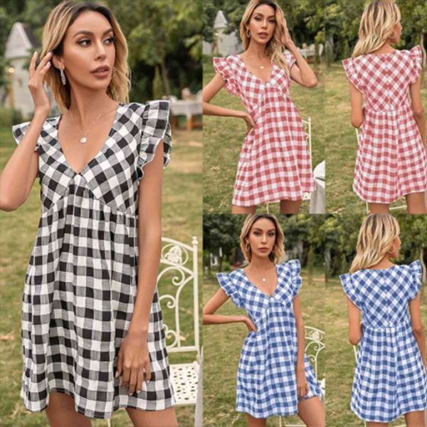 plaid flying sleeves women dresses v neck waist fashion loose high female femme robe summer, Black;gray
plaid flying sleeves women dresses v neck waist fashion loose high female femme robe summer, Black;gray