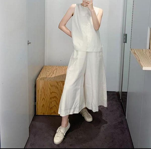 women suits minimalist style solid color o-neck sleeveless vest + wide leg ankle-length pants casual wild two piece dress, White
women suits minimalist style solid color o-neck sleeveless vest + wide leg ankle-length pants casual wild two piece dress, White