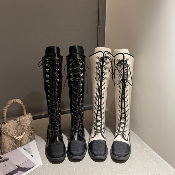 boots women's mixed color motorcycle zlah winter knee-length lace-up casual thick-soled mid-heel, Black 
boots women's mixed color motorcycle zlah winter knee-length lace-up casual thick-soled mid-heel, Black