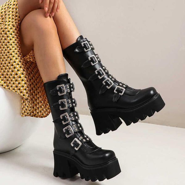 boots autumn thick soled high heel middle tube belt buckle rivet women's large size, Black
boots autumn thick soled high heel middle tube belt buckle rivet women's large size, Black