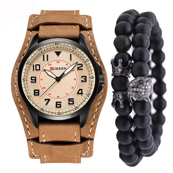 wristwatches brand wide leather punk quartz watch + fo bead bracelet beaded set (3 pieces), Slivery;brown
wristwatches brand wide leather punk quartz watch + fo bead bracelet beaded set (3 pieces), Slivery;brown
