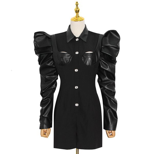 hoodies msxu feminine fashion lapel temperament plissado puff single sleeve breasted solid design short overalls for, Black
