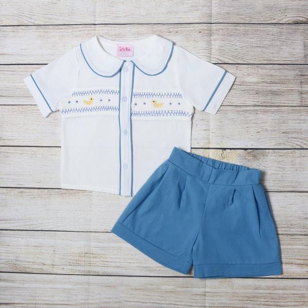 clothing sets fashion handwork boutique summer boys smocked short sleeve white shirt blue shorts baby outfit clothes
clothing sets fashion handwork boutique summer boys smocked short sleeve white shirt blue shorts baby outfit clothes