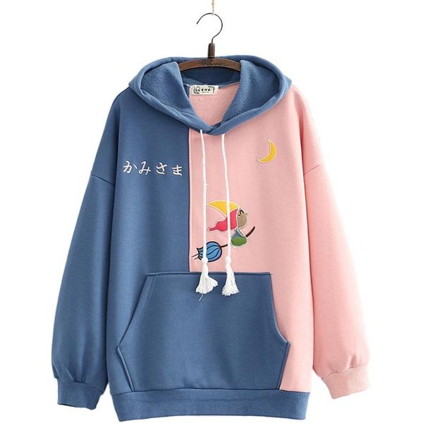 women's hoodies & sweatshirts korean style hit color fleece thick hooded student cute cartoon embroidery loose kawaii pullover 2011122, Black
women's hoodies & sweatshirts korean style hit color fleece thick hooded student cute cartoon embroidery loose kawaii pullover 2011122, Black