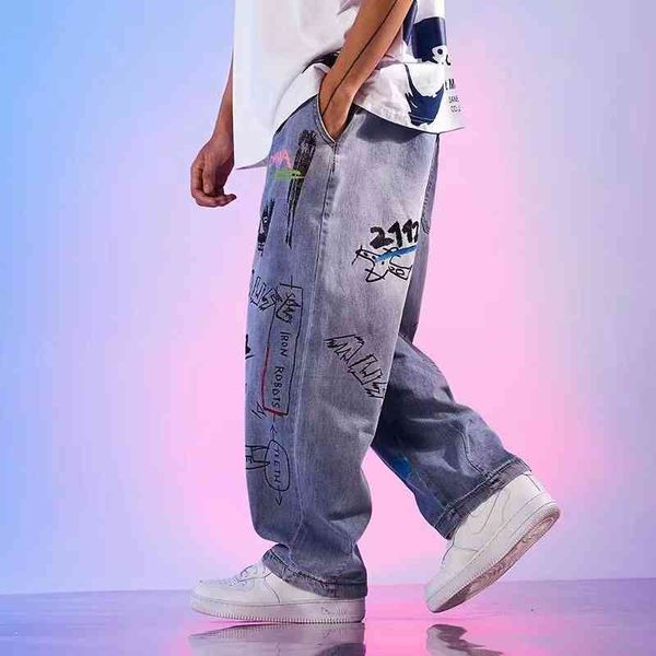 2021 autumn winter straight jeans men's chaogao street graffiti printing street popular casual wide leg pants, Blue
2021 autumn winter straight jeans men's chaogao street graffiti printing street popular casual wide leg pants, Blue