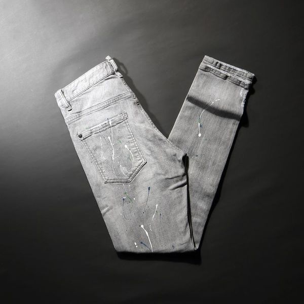 men's jeans street style fashion men retro gray elastic slim fit ripped splashed designer hip hop denim pants, Blue
men's jeans street style fashion men retro gray elastic slim fit ripped splashed designer hip hop denim pants, Blue