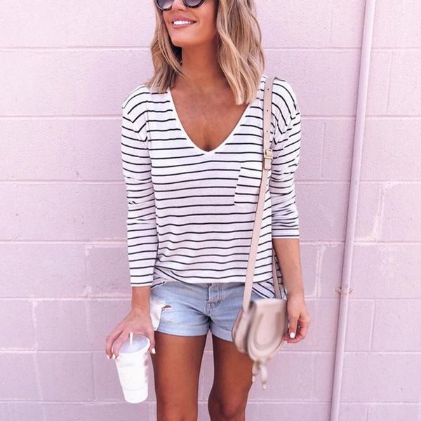 women's t-shirt fashion v-neck casual tee shirts women long sleeve summer striped bottoming shirt top, White
women's t-shirt fashion v-neck casual tee shirts women long sleeve summer striped bottoming shirt top, White