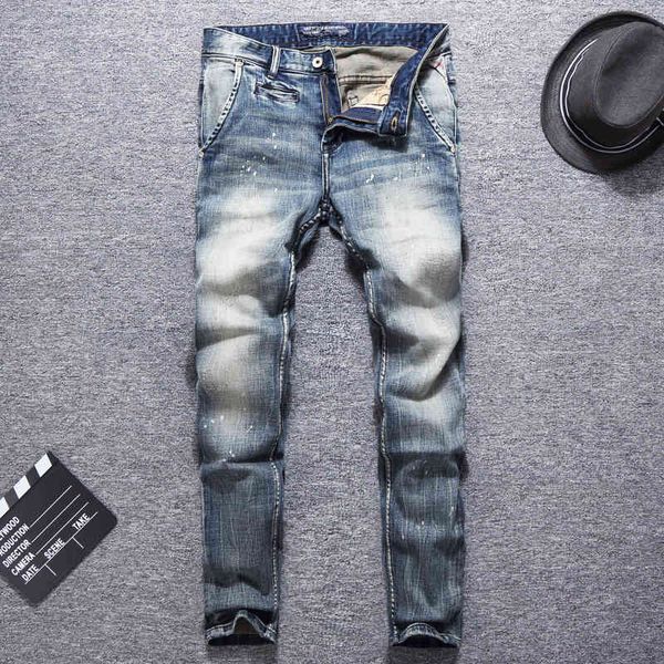 jeans newly fashion slim fit elastic cotton retro painted designer jeans men italian style vintage denim pants, Blue
jeans newly fashion slim fit elastic cotton retro painted designer jeans men italian style vintage denim pants, Blue