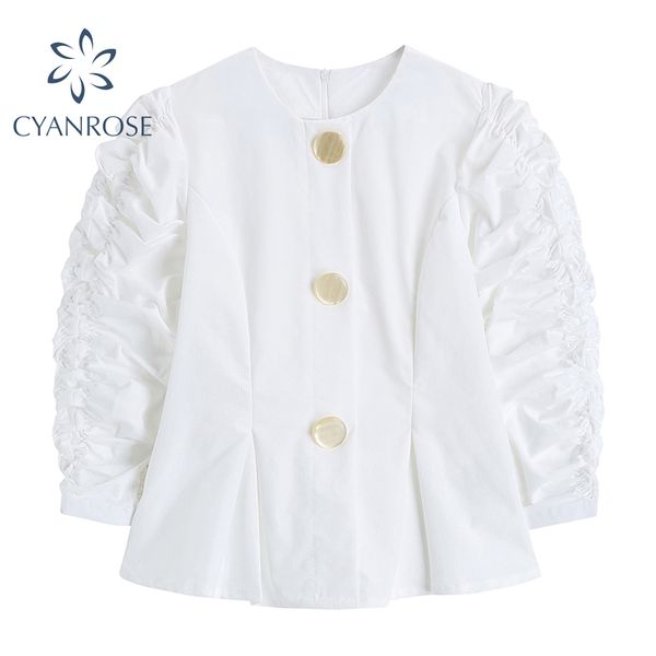 women's blouses white cardigan puff long sleeve chic single breasted ruched korean shirts ol elegant o neck baggy ins blusas 210417
women's blouses white cardigan puff long sleeve chic single breasted ruched korean shirts ol elegant o neck baggy ins blusas 210417