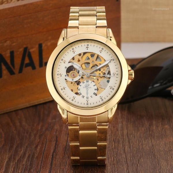 fashion men's automatic mechanical watch skeleton clock male watches luxury stainless steel gold strap man wrist wristwatches, Slivery;brown
fashion men's automatic mechanical watch skeleton clock male watches luxury stainless steel gold strap man wrist wristwatches, Slivery;brown