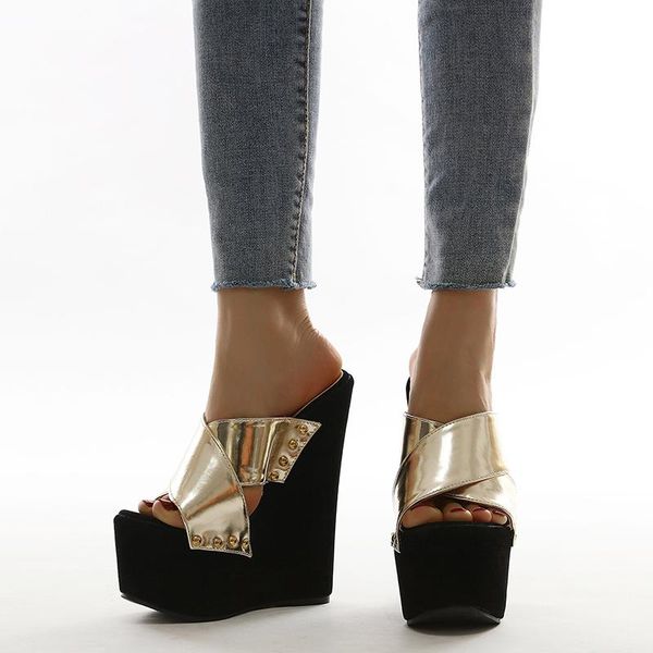 slippers color-blocking rivets 15cm super high heels wedge women's sandals peeping toe gold cross strap waterproof platform shoes, Black
slippers color-blocking rivets 15cm super high heels wedge women's sandals peeping toe gold cross strap waterproof platform shoes, Black