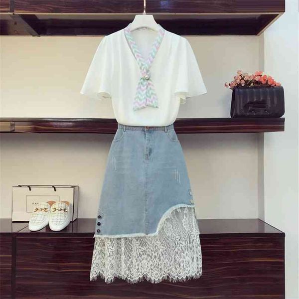 summer sets elegant ladies chiffon shirt denim skirt suits v-neck flying sleeve white tshrt and lace hem long 2 piece 210602
summer sets elegant ladies chiffon shirt denim skirt suits v-neck flying sleeve white tshrt and lace hem long 2 piece 210602