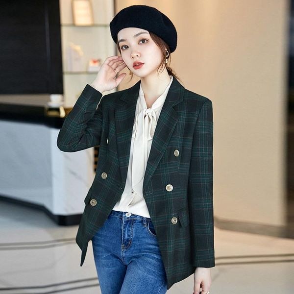 women's suits & blazers fashion green plaid blazer fall femme double breasted suit jacket for women 2021 vintage americana mujer outwea, White;black
women's suits & blazers fashion green plaid blazer fall femme double breasted suit jacket for women 2021 vintage americana mujer outwea, White;black