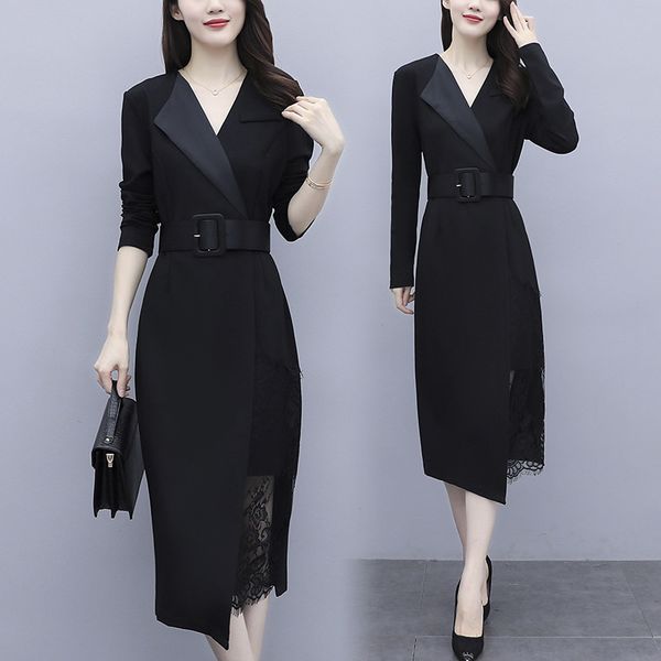 large 2021 spring size new women's light mature temperament close waist show thin foreign style lace stitching, Black;gray
large 2021 spring size new women's light mature temperament close waist show thin foreign style lace stitching, Black;gray