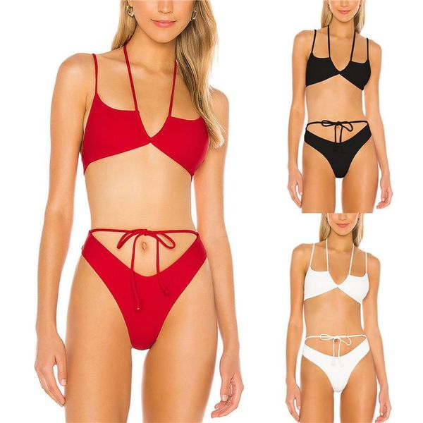 women's swimwear fashion two piece swimsuit, solid color bra drawstring split body bikini for female, White;black
women's swimwear fashion two piece swimsuit, solid color bra drawstring split body bikini for female, White;black