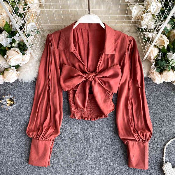 women's blouses & shirts autumn shirt bow elastic waist long sleeve short lady solid color korean fashion clothing blous, White
women's blouses & shirts autumn shirt bow elastic waist long sleeve short lady solid color korean fashion clothing blous, White