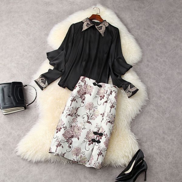 two piece dress spring long sleeve lapel neck black embroidery + floral print buttons knee-length skirt suits 2 s set 21a02 20fb, White
two piece dress spring long sleeve lapel neck black embroidery + floral print buttons knee-length skirt suits 2 s set 21a02 20fb, White