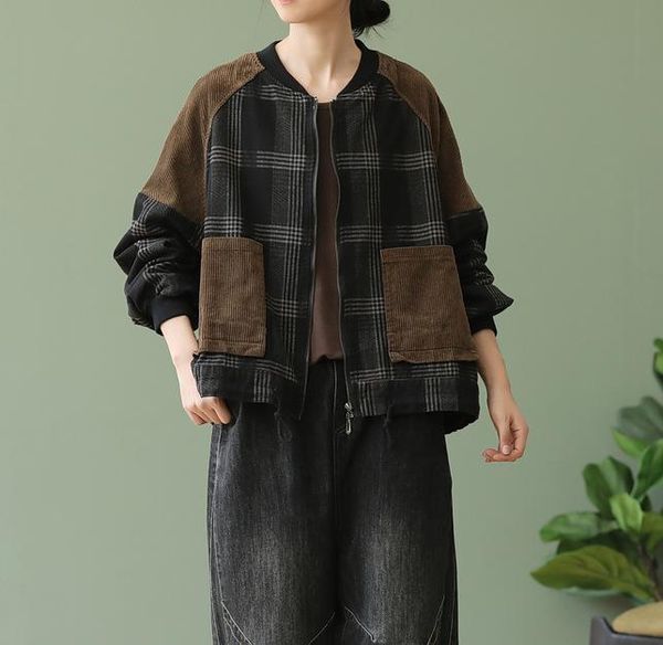 women's jackets women contrast color 2021 autumn long sleeve loose stand collar plaid zipper cardigan vintage coat, Black;brown
women's jackets women contrast color 2021 autumn long sleeve loose stand collar plaid zipper cardigan vintage coat, Black;brown
