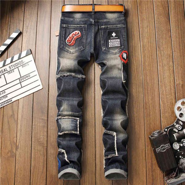 men's jeans badge patchwork ripped embroidered stretch jeans trendy holes patches design slim straight denim pants sdti, Blue
men's jeans badge patchwork ripped embroidered stretch jeans trendy holes patches design slim straight denim pants sdti, Blue
