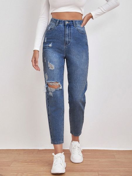 high waist light washed ripped jeans 70nx#, Blue 
high waist light washed ripped jeans 70nx#, Blue