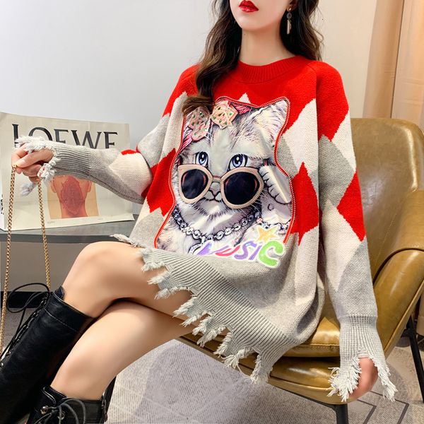 ladies women's knitted-out sequins cat glasses loose female sweater korean fall and winter, White;black
ladies women's knitted-out sequins cat glasses loose female sweater korean fall and winter, White;black