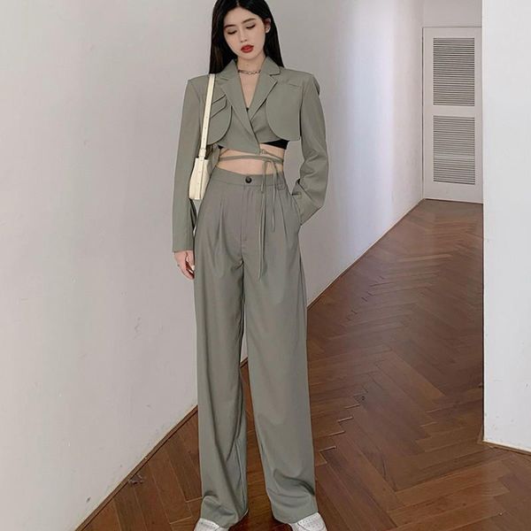 piece sets womens outfits ladies office notched collar long sleeve lace up short coat and high waist wide leg pants women's tracksuits, Gray
piece sets womens outfits ladies office notched collar long sleeve lace up short coat and high waist wide leg pants women's tracksuits, Gray