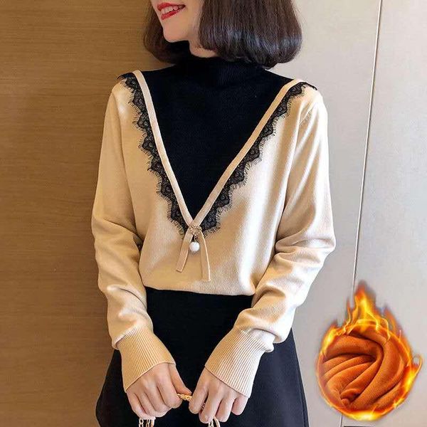 women's sweaters 2021 autumn women winter turtleneck loose lace patchwork knitted female thick velvet long sleeve brand pullovers, White;black
women's sweaters 2021 autumn women winter turtleneck loose lace patchwork knitted female thick velvet long sleeve brand pullovers, White;black