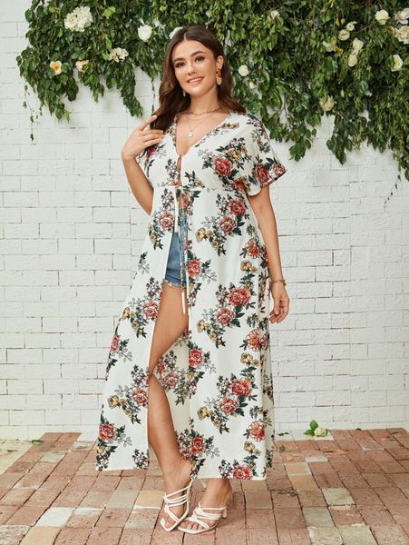 plus floral print tie front kimono u6oz#, Black 
plus floral print tie front kimono u6oz#, Black